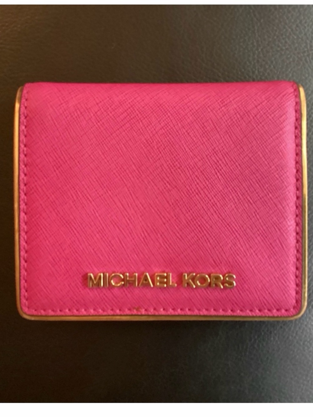 Michael Kors Hot Pink Saffiano Leather Compact Wallet with Gold Logo